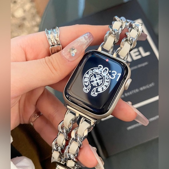 NEW Strap Silver White Chain Leather Stainless Band For Apple Watch - Picture 7 of 8